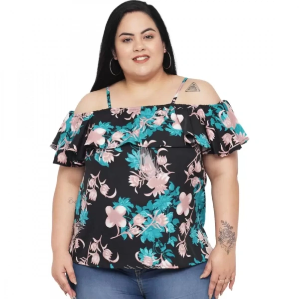 Generic Women's Casual Floral Print Black Top (Color:BlackMaterial:Polyester) - Black, 3/4th Sleeve, 6XL