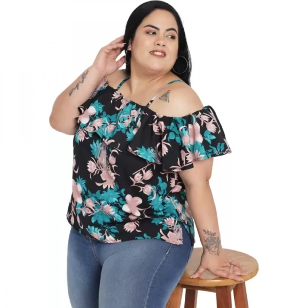 Generic Women's Casual Floral Print Black Top (Color:BlackMaterial:Polyester) - Black, 3/4th Sleeve, 6XL