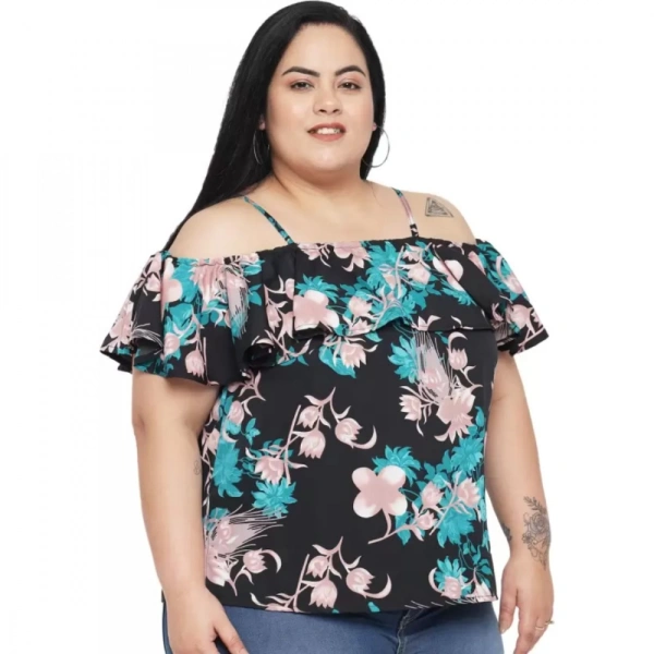 Generic Women's Casual Floral Print Black Top (Color:BlackMaterial:Polyester) - Black, 3/4th Sleeve, 6XL