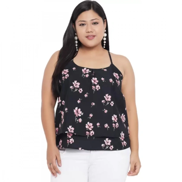 Generic Women's Casual Floral Print Black Top (Color:BlackMaterial:Polyester) - Black, 3/4th Sleeve, 4XL