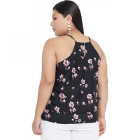 Generic Women's Casual Floral Print Black Top (Color:BlackMaterial:Polyester) - Black, 3/4th Sleeve, 4XL