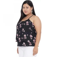 Generic Women's Casual Floral Print Black Top (Color:BlackMaterial:Polyester) - Black, 3/4th Sleeve, 4XL