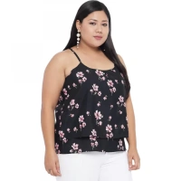 Generic Women's Casual Floral Print Black Top (Color:BlackMaterial:Polyester) - Black, 3/4th Sleeve, 4XL
