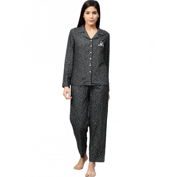 Women's Casual Full Sleeves Polka Dot Printed Rayon Shirt With Pyjama Pant Night Suit Set (Grey) - Grey, 0.35, 2XL