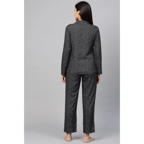 Women's Casual Full Sleeves Polka Dot Printed Rayon Shirt With Pyjama Pant Night Suit Set (Grey) - Grey, 0.35, 2XL