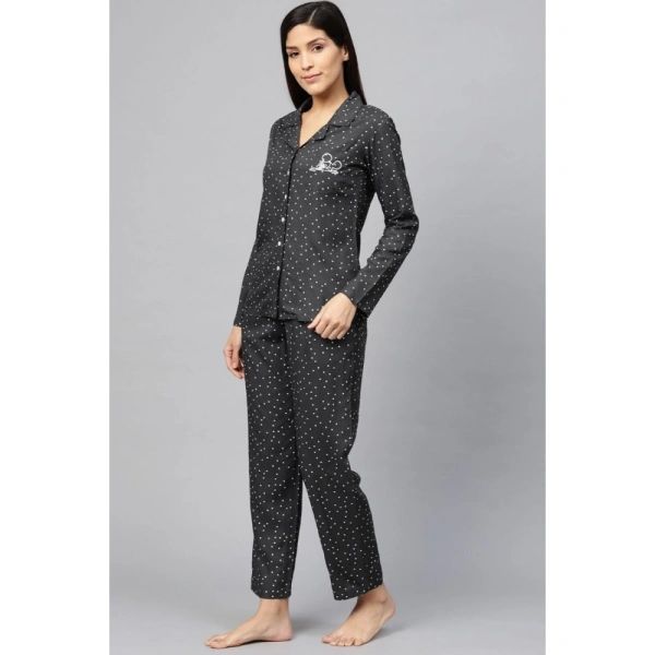Women's Casual Full Sleeves Polka Dot Printed Rayon Shirt With Pyjama Pant Night Suit Set (Grey) - Grey, 0.35, 2XL
