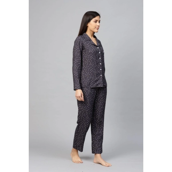Women's Casual Full Sleeves Polka Dot Printed Rayon Shirt With Pyjama Pant Night Suit Set (Grey) - Grey, 0.35, 2XL