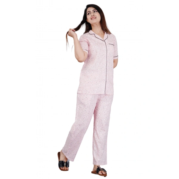 Women's Casual Half Sleeve Printed Viscose Rayon Shirt With Pyjama Pant Night Suit Set (Pink) - Pink, 3XL
