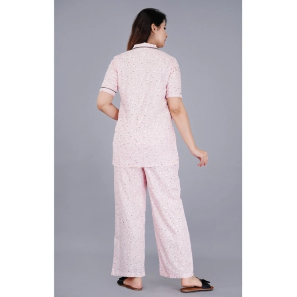 Women's Casual Half Sleeve Printed Viscose Rayon Shirt With Pyjama Pant Night Suit Set (Pink) - Pink, 3XL