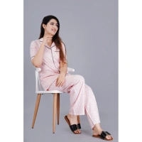 Women's Casual Half Sleeve Printed Viscose Rayon Shirt With Pyjama Pant Night Suit Set (Pink) - Pink, 3XL