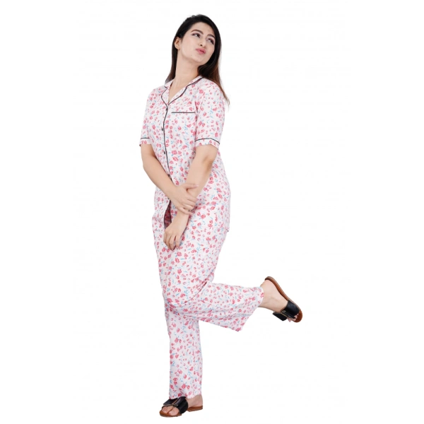 Women's Casual Half Sleeve Printed Viscose Rayon Shirt With Pyjama Pant Night Suit Set (Baby Pink) - Baby Pink, L