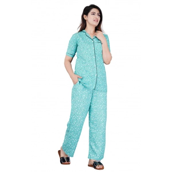 Women's Casual Half Sleeve Printed Viscose Rayon Shirt With Pyjama Pant Night Suit Set (Green) - Green, 2XL