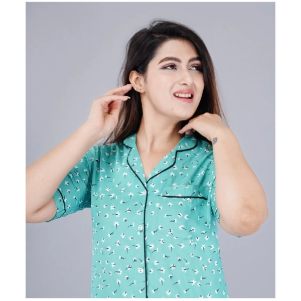 Women's Casual Half Sleeve Printed Viscose Rayon Shirt With Pyjama Pant Night Suit Set (Green) - Green, 2XL