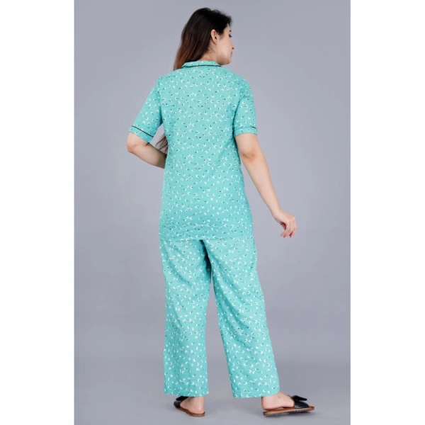 Women's Casual Half Sleeve Printed Viscose Rayon Shirt With Pyjama Pant Night Suit Set (Green) - Green, 2XL