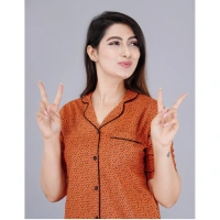 Women's Casual Half Sleeve Printed Viscose Rayon Shirt With Pyjama Pant Night Suit Set (Brown) - Brown, L