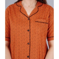 Women's Casual Half Sleeve Printed Viscose Rayon Shirt With Pyjama Pant Night Suit Set (Brown) - Brown, L