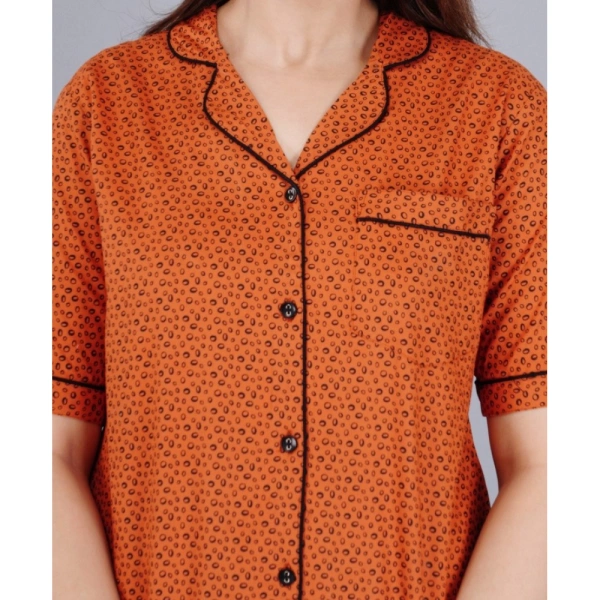 Women's Casual Half Sleeve Printed Viscose Rayon Shirt With Pyjama Pant Night Suit Set (Brown) - Brown, L