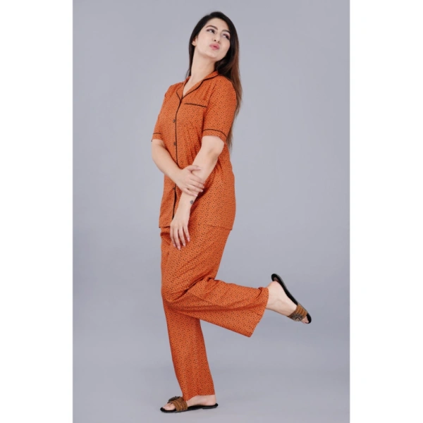 Women's Casual Half Sleeve Printed Viscose Rayon Shirt With Pyjama Pant Night Suit Set (Brown) - Brown, L