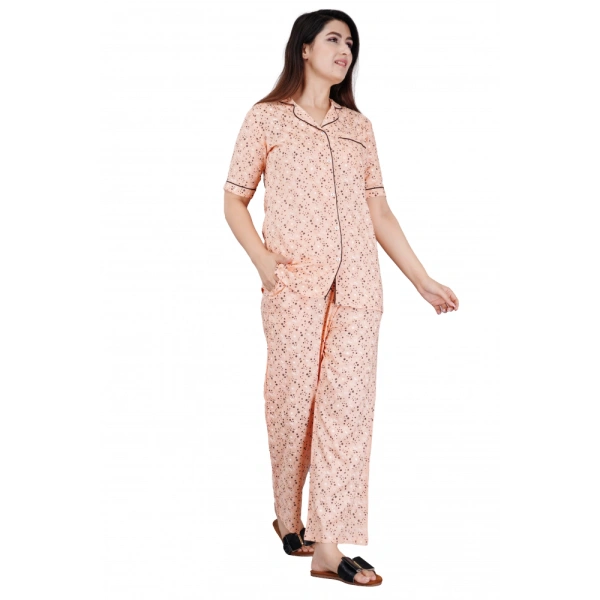 Women's Casual Half Sleeve Printed Viscose Rayon Shirt With Pyjama Pant Night Suit Set (Peach) - Peach, M