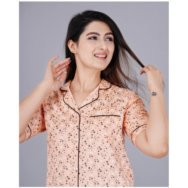 Women's Casual Half Sleeve Printed Viscose Rayon Shirt With Pyjama Pant Night Suit Set (Peach) - Peach, M