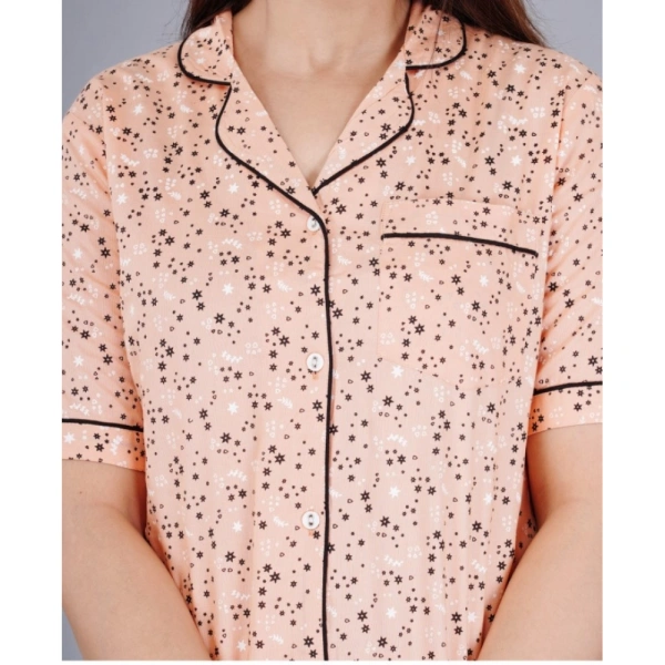 Women's Casual Half Sleeve Printed Viscose Rayon Shirt With Pyjama Pant Night Suit Set (Peach) - Peach, M