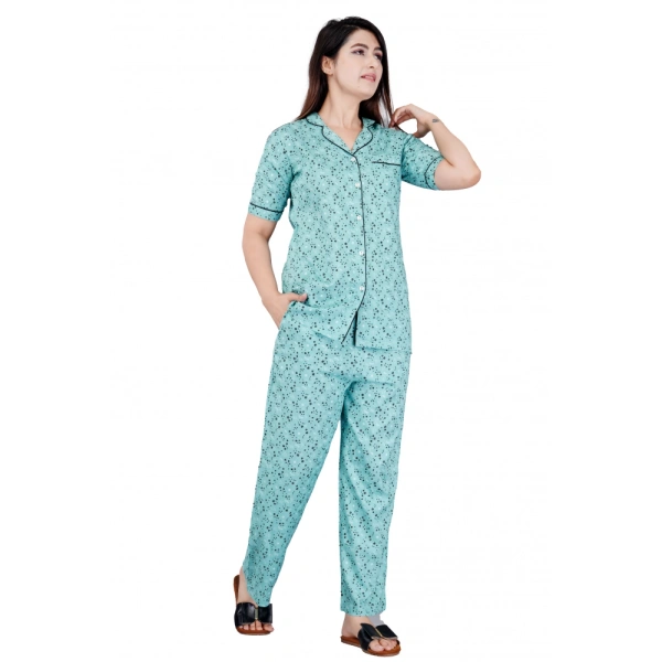 Women's Casual Half Sleeve Printed Viscose Rayon Shirt With Pyjama Pant Night Suit Set (Green) - Green, L