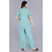 Women's Casual Half Sleeve Printed Viscose Rayon Shirt With Pyjama Pant Night Suit Set (Green) - Green, L