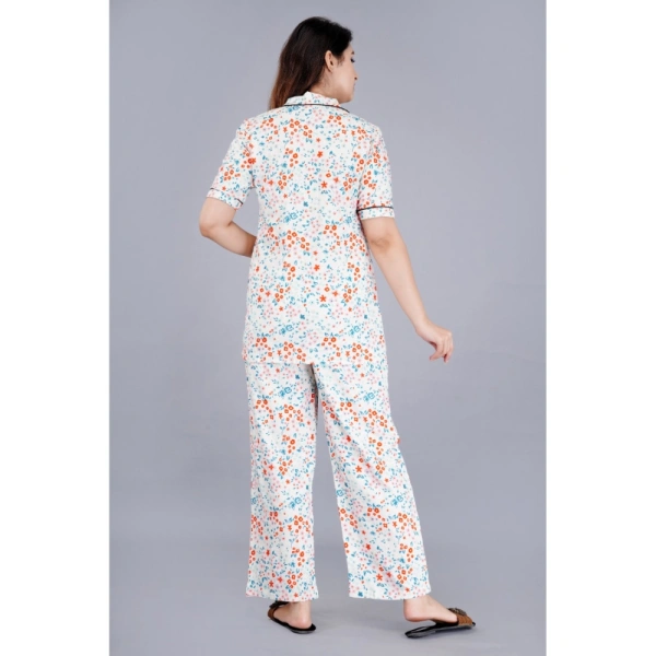 Women's Casual Half Sleeve Printed Viscose Rayon Shirt With Pyjama Pant Night Suit Set (White) - White, 3XL