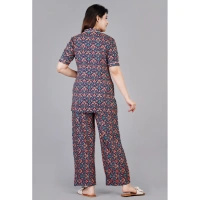 Women's Casual Half Sleeve Printed Viscose Rayon Shirt With Pyjama Pant Night Suit Set (Blue) - Blue, 3XL