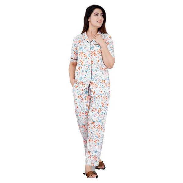 Women's Casual Half Sleeve Printed Viscose Rayon Shirt With Pyjama Pant Night Suit Set (White) - XL
