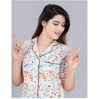 Women's Casual Half Sleeve Printed Viscose Rayon Shirt With Pyjama Pant Night Suit Set (White) - XL