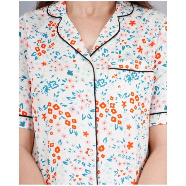 Women's Casual Half Sleeve Printed Viscose Rayon Shirt With Pyjama Pant Night Suit Set (White) - XL