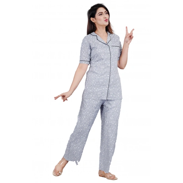 Women's Casual Half Sleeve Printed Viscose Rayon Shirt With Pyjama Pant Night Suit Set (Grey) - S
