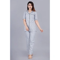 Women's Casual Half Sleeve Printed Viscose Rayon Shirt With Pyjama Pant Night Suit Set (Grey) - S