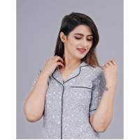 Women's Casual Half Sleeve Printed Viscose Rayon Shirt With Pyjama Pant Night Suit Set (Grey) - S