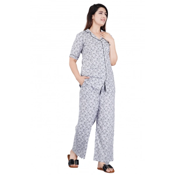 Women's Casual Half Sleeve Printed Viscose Rayon Shirt With Pyjama Pant Night Suit Set (Grey) - L