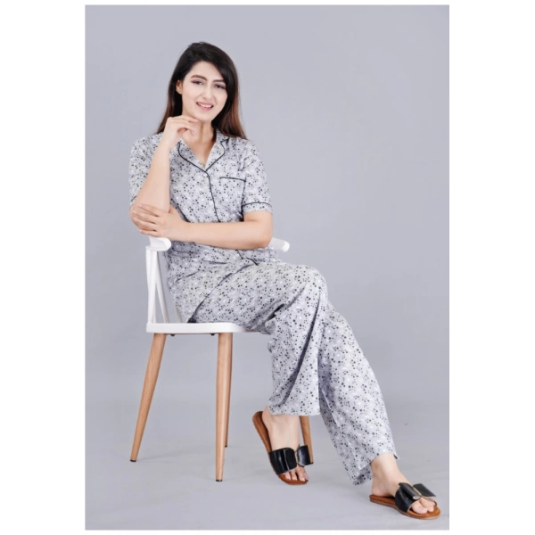 Women's Casual Half Sleeve Printed Viscose Rayon Shirt With Pyjama Pant Night Suit Set (Grey) - L