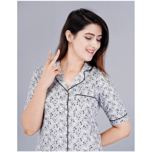 Women's Casual Half Sleeve Printed Viscose Rayon Shirt With Pyjama Pant Night Suit Set (Grey) - L