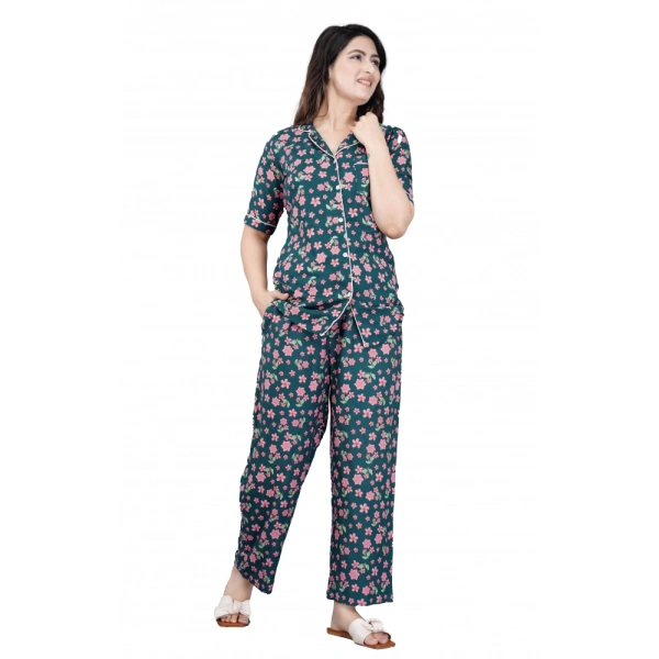 Women's Casual Half Sleeve Printed Viscose Rayon Shirt With Pyjama Pant Night Suit Set (Teal) - 2XL