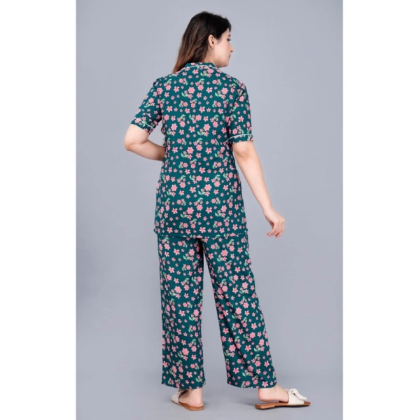 Women's Casual Half Sleeve Printed Viscose Rayon Shirt With Pyjama Pant Night Suit Set (Teal) - 2XL