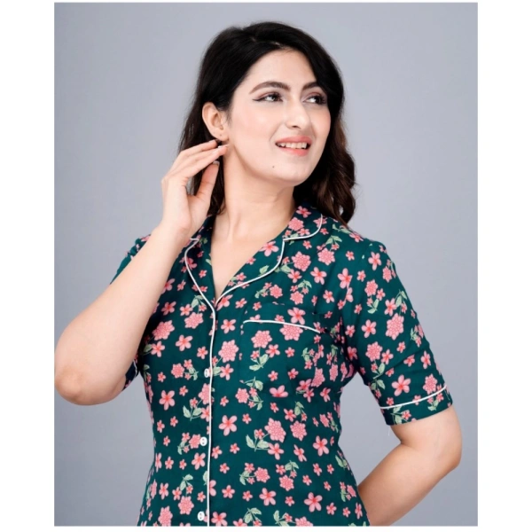 Women's Casual Half Sleeve Printed Viscose Rayon Shirt With Pyjama Pant Night Suit Set (Teal) - 2XL
