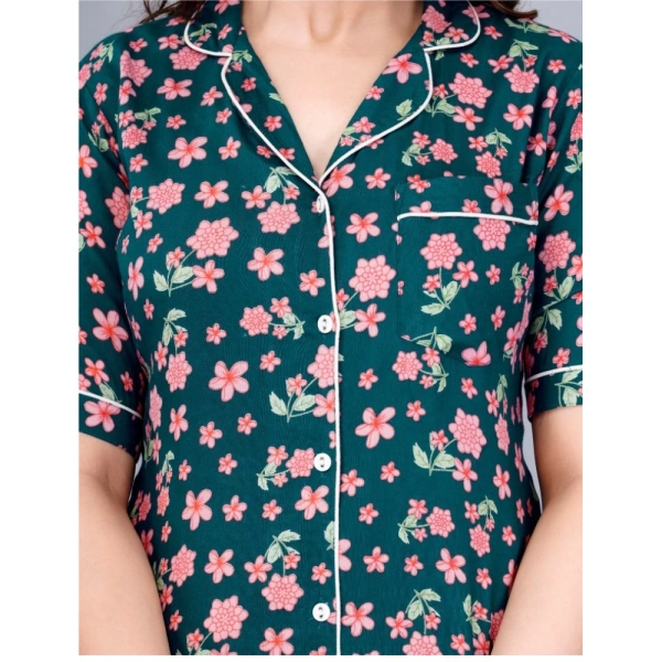 Women's Casual Half Sleeve Printed Viscose Rayon Shirt With Pyjama Pant Night Suit Set (Teal) - 2XL