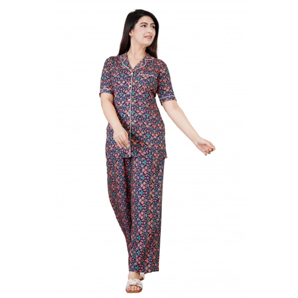 Women's Casual Half Sleeve Printed Viscose Rayon Shirt With Pyjama Pant Night Suit Set (Blue) - 2XL