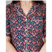 Women's Casual Half Sleeve Printed Viscose Rayon Shirt With Pyjama Pant Night Suit Set (Blue) - 2XL