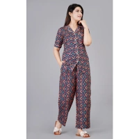 Women's Casual Half Sleeve Printed Viscose Rayon Shirt With Pyjama Pant Night Suit Set (Blue) - 2XL