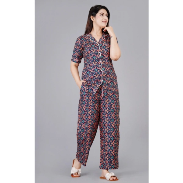Women's Casual Half Sleeve Printed Viscose Rayon Shirt With Pyjama Pant Night Suit Set (Blue) - 2XL