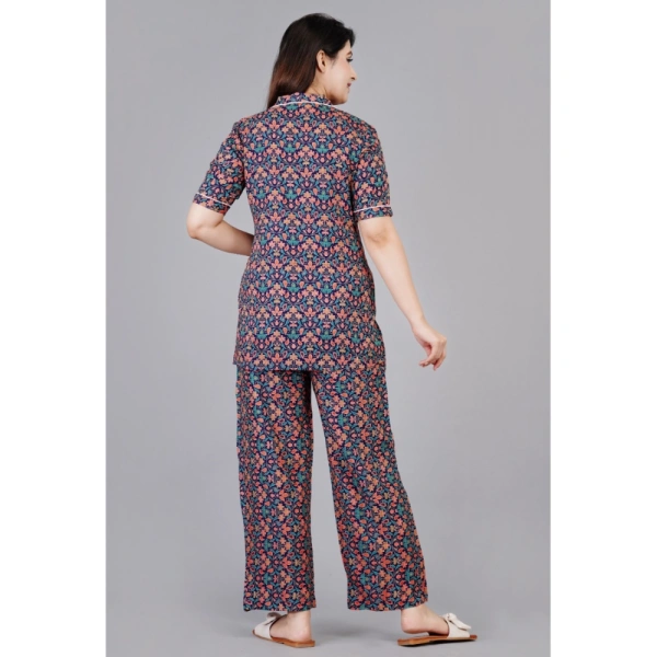 Women's Casual Half Sleeve Printed Viscose Rayon Shirt With Pyjama Pant Night Suit Set (Blue) - 2XL