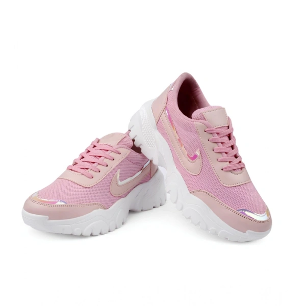 Shopnav Women's Casual Mesh Printed Lace-Ups Shoes (Pink) - 5