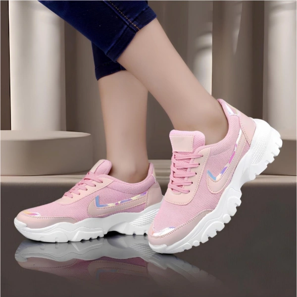 Shopnav Women's Casual Mesh Printed Lace-Ups Shoes (Pink) - 5