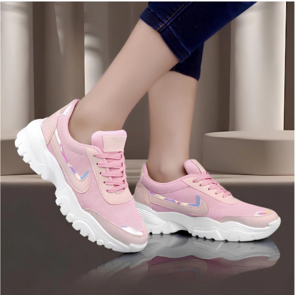 Shopnav Women's Casual Mesh Printed Lace-Ups Shoes (Pink) - 5